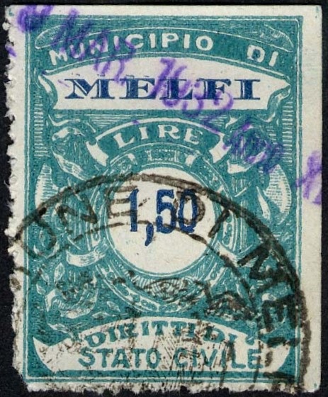 Marca da Bollo del Comune di MELFI su Carta Bianca di dimensioni 25 x 34 mm