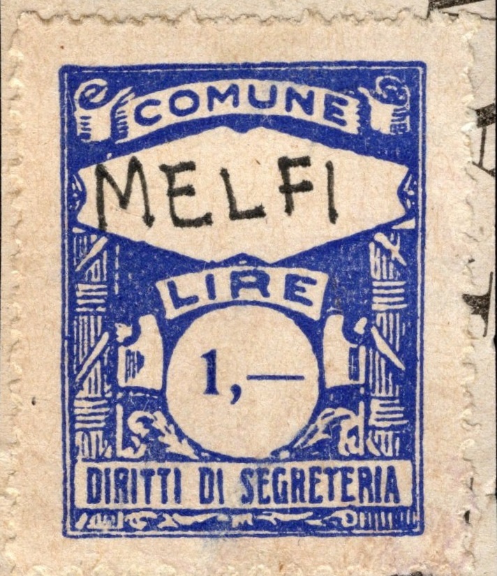 Marca da Bollo del Comune di MELFI su Carta Bianca di dimensioni 23 x 29 mm