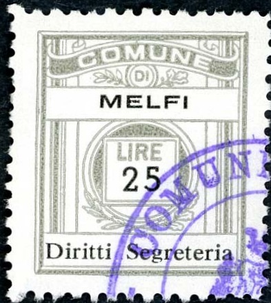 Marca da Bollo del Comune di MELFI su Carta Bianca di dimensioni 20,5 x 24,5 mm