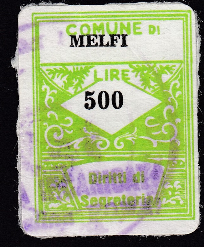 Marca da Bollo del Comune di MELFI su Carta Bianca di dimensioni 21,5 x 28 mm
