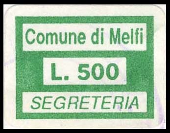 Marca da Bollo del Comune di MELFI su Carta Bianca di dimensioni 20 x 14,5 mm