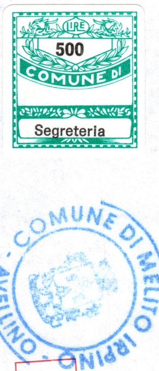 Marca da Bollo del Comune di MELITO IRPINO su Carta Bianca di dimensioni 21,5 x 26 mm
