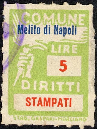 Marca da Bollo del Comune di MELITO DI NAPOLI su Carta Bianca di dimensioni 18,5 x 26,5 mm