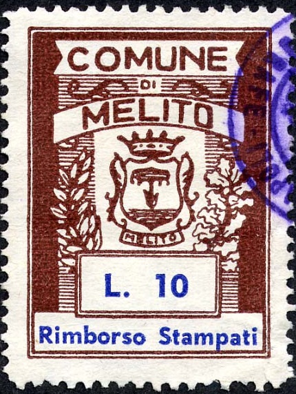 Marca da Bollo del Comune di MELITO DI NAPOLI su Carta Bianca di dimensioni mm
