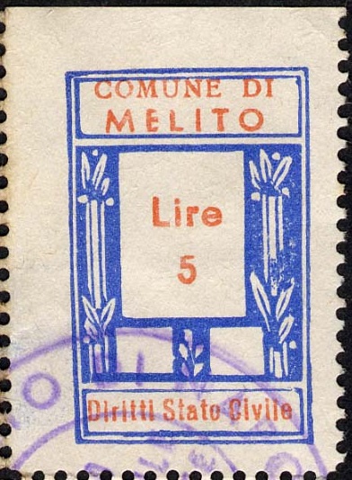 Marca da Bollo del Comune di MELITO DI NAPOLI su Carta Bianca di dimensioni 19 x 29,5 mm