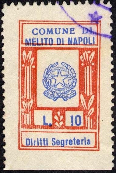 Marca da Bollo del Comune di MELITO DI NAPOLI su Carta Bianca di dimensioni 19 x 29,5 mm