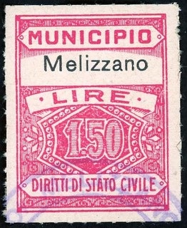 Marca da Bollo del Comune di MELIZZANO su Carta Bianca di dimensioni 22,5 x 29 mm