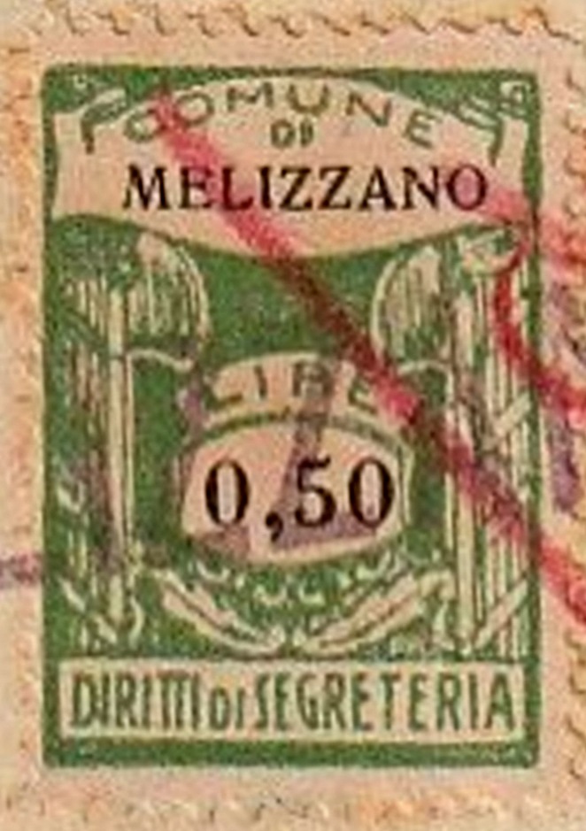 Marca da Bollo del Comune di MELIZZANO su Carta Bianca di dimensioni 22,5 x 34 mm