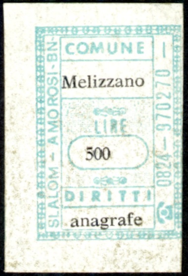 Marca da Bollo del Comune di MELIZZANO su Carta Bianca di dimensioni 20 x 31 mm