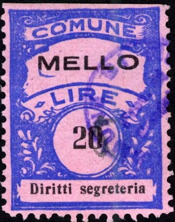 Marca da Bollo del Comune di MELLO su Carta Colorata di dimensioni 22,5 x 29 mm