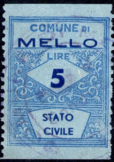 Marca da Bollo del Comune di MELLO su Carta Colorata di dimensioni 22 x 29 mm