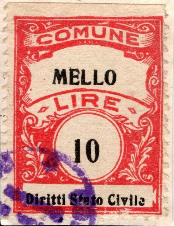 Marca da Bollo del Comune di MELLO su Carta Bianca Sottile di dimensioni 22,5 x 29 mm