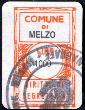 Marca da Bollo del Comune di MELZO su Carta Bianca di dimensioni 16,5 x 27,5 mm