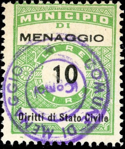 Marca da Bollo del Comune di MENAGGIO su Carta Bianca Sottile di dimensioni 22,5 x 29 mm