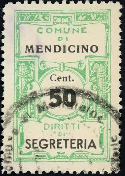 Marca da Bollo del Comune di MENDICINO su Carta Bianca Sottile di dimensioni 22 x 35 mm