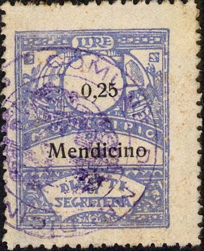 Marca da Bollo del Comune di MENDICINO su Carta Bianca Sottile di dimensioni 22 x 37 mm