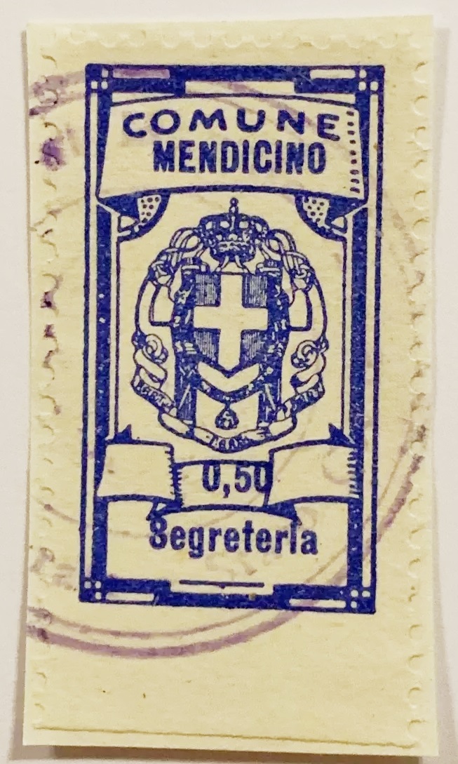 Marca da Bollo del Comune di MENDICINO su Carta Bianca Sottile di dimensioni 22 x 35 mm