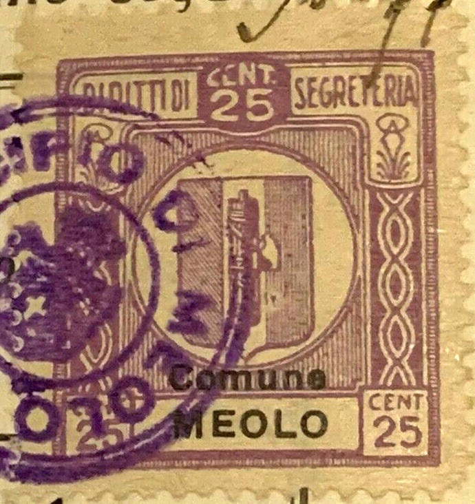 Marca da Bollo del Comune di MEOLO su Carta Bianca di dimensioni 24 x 26 mm