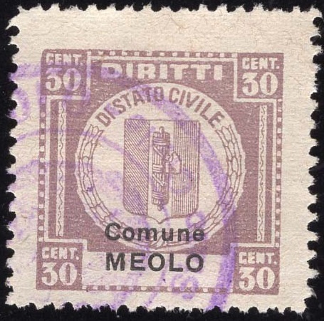 Marca da Bollo del Comune di MEOLO su Carta Bianca di dimensioni 24 x 26 mm