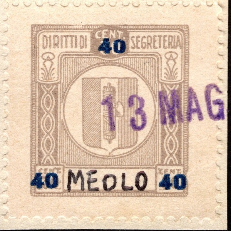 Marca da Bollo del Comune di MEOLO su Carta Bianca di dimensioni 24 x 26 mm