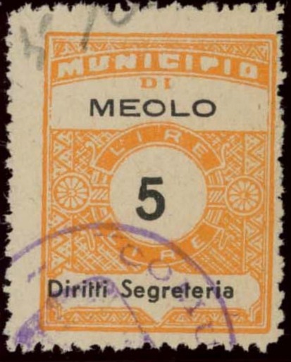 Marca da Bollo del Comune di MEOLO su Carta Bianca di dimensioni 22 x 29 mm
