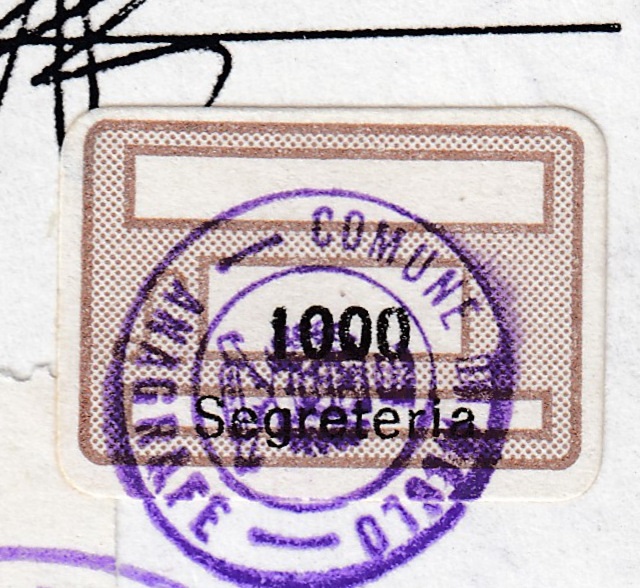 Marca da Bollo del Comune di MEOLO su Carta Bianca di dimensioni 19,5 x 14 mm