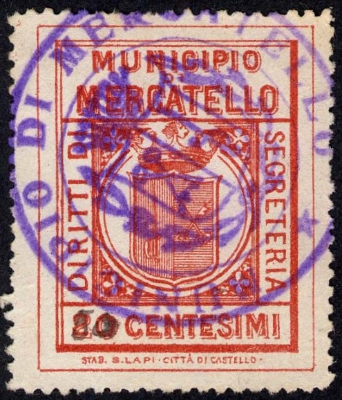 Marca da Bollo del Comune di MERCATELLO SUL METAURO su Carta Bianca Sittile di dimensioni 24 x 31 mm