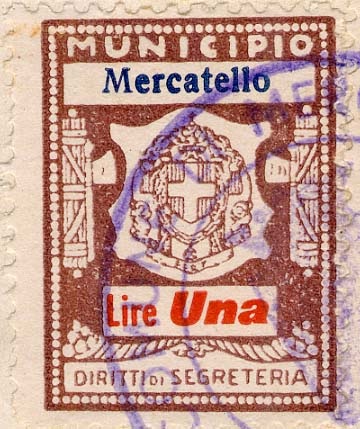 Marca da Bollo del Comune di MERCATELLO SUL METAURO su Carta Bianca Sottile di dimensioni 20,5 x 27 mm