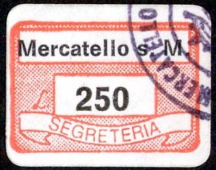Marca da Bollo del Comune di MERCATELLO SUL METAURO su Carta Bianca di dimensioni 19 x 13 mm