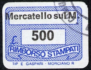 Marca da Bollo del Comune di MERCATELLO SUL METAURO su Carta Bianca di dimensioni 19 x 14 mm