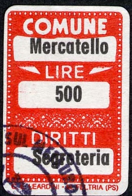 Marca da Bollo del Comune di MERCATELLO SUL METAURO su Carta Bianca di dimensioni 16 x 25,5 mm