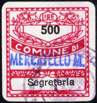 Marca da Bollo del Comune di MERCATELLO SUL METAURO su Carta Bianca di dimensioni 19 x 21 mm