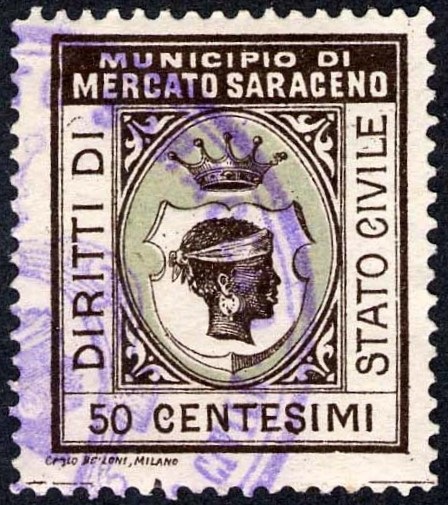 Marca da Bollo del Comune di MERCATO SARACENO su Carta Bianca di dimensioni 23,5 x 28 mm