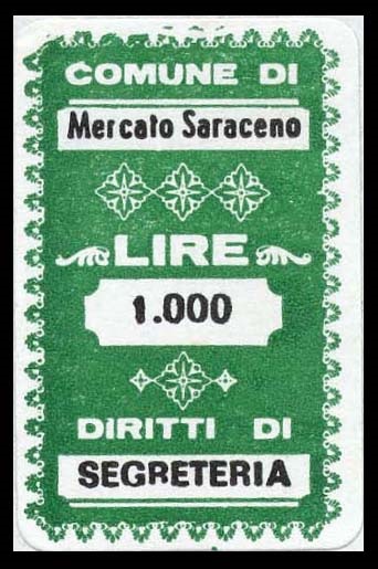 Marca da Bollo del Comune di MERCATO SARACENO su Carta Bianca di dimensioni 19,5 x 32 mm