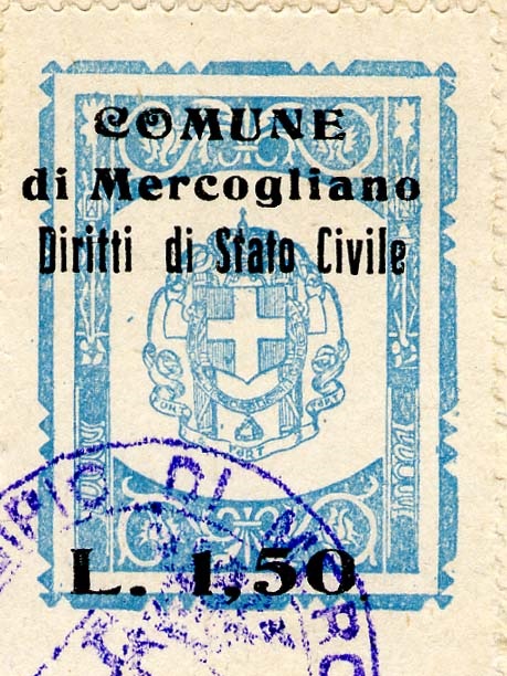 Marca da Bollo del Comune di MERCOGLIANO su Carta Bianca di dimensioni 26,5 x 34 mm