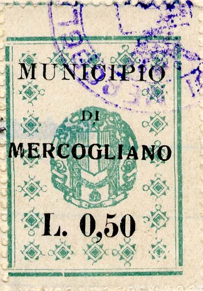 Marca da Bollo del Comune di MERCOGLIANO su Carta Bianca di dimensioni 24,5 x 33,5 mm