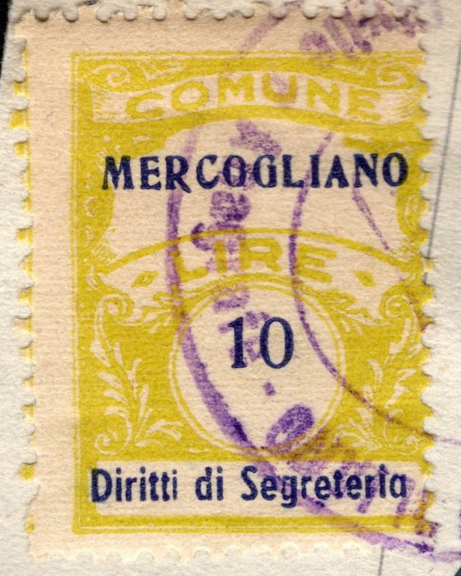 Marca da Bollo del Comune di MERCOGLIANO su Carta Bianca di dimensioni 23 x 30,5 mm