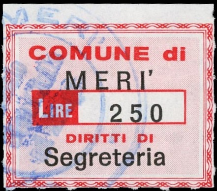 Marca da Bollo del Comune di MERI´ su Carta Bianca di dimensioni 28,5 x 22,5 mm