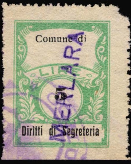 Marca da Bollo del Comune di MERLARA su Carta Bianca Sottile di dimensioni 22,5 x 29 mm