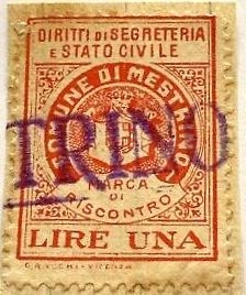 Marca da Bollo del Comune di MESTRINO su Carta Bianca Sittile di dimensioni 22 x 28,5 mm