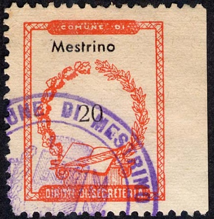 Marca da Bollo del Comune di MESTRINO su Carta Bianca di dimensioni 20,5 x 26,5 mm