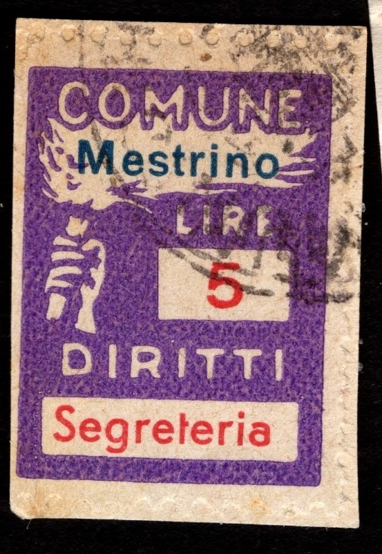 Marca da Bollo del Comune di MESTRINO su Carta Bianca di dimensioni 18 x 25 mm