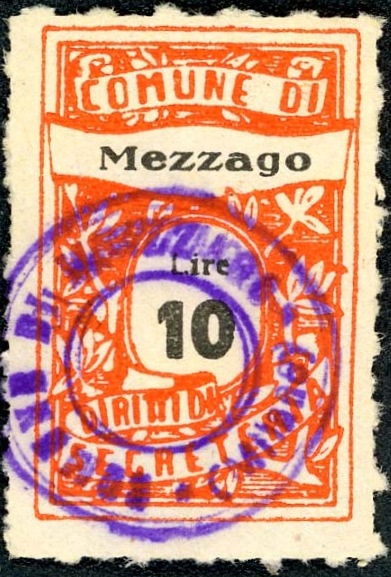 Marca da Bollo del Comune di MEZZAGO su Carta Bianca Sottile di dimensioni 22,5 x 35 mm