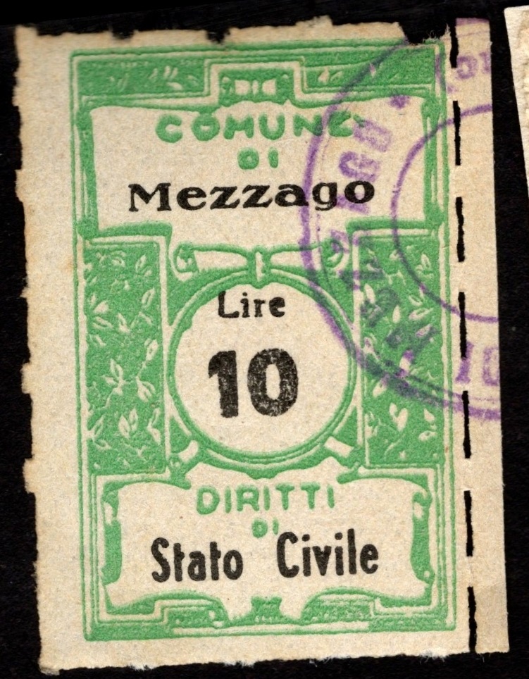 Marca da Bollo del Comune di MEZZAGO su Carta Bianca Sottile di dimensioni 22,5 x 35 mm