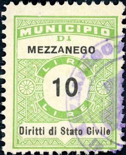 Marca da Bollo del Comune di MEZZANEGO su Carta Bianca Sottile di dimensioni 22,5 x 29 mm
