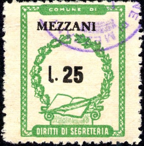 Marca da Bollo del Comune di MEZZANI su Carta Bianca di dimensioni 20,5 x 26,5 mm