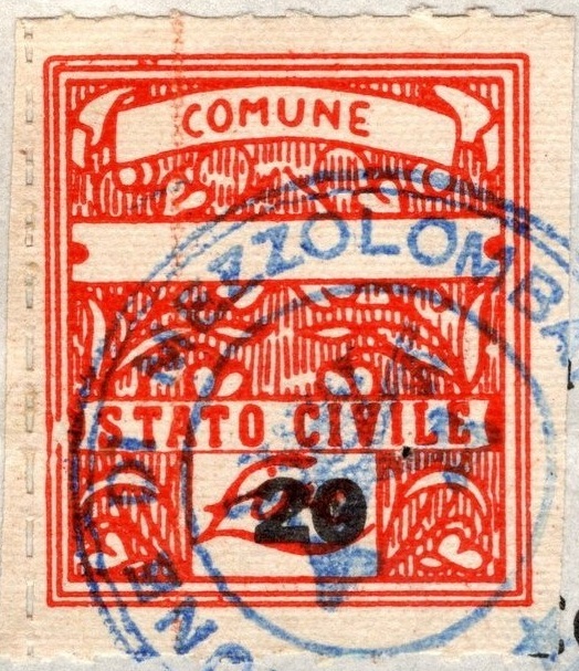 Marca da Bollo del Comune di MEZZOLOMBARDO su Carta Bianca di dimensioni 22 x 28 mm