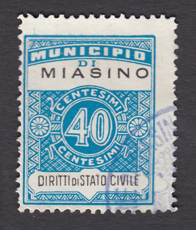 Marca da Bollo del Comune di MIASINO su Carta Bianca di dimensioni 22 x 29 mm
