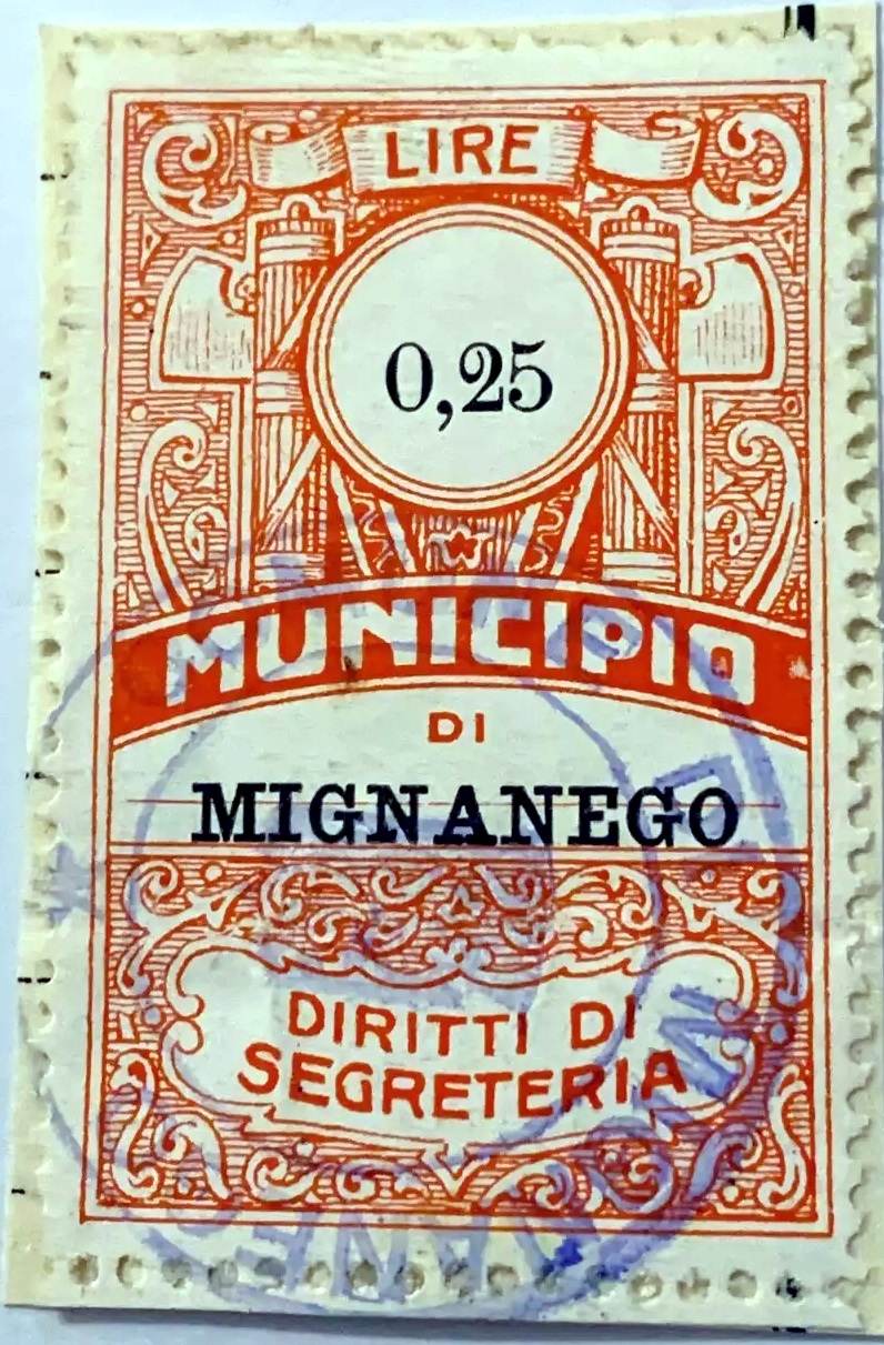 Marca da Bollo del Comune di MIGNANEGO su Carta Bianca di dimensioni 28 x 43,5 mm