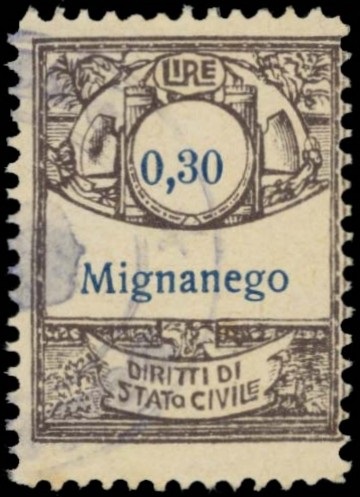 Marca da Bollo del Comune di MIGNANEGO su Carta Bianca Sottile di dimensioni 22,5 x 32 mm